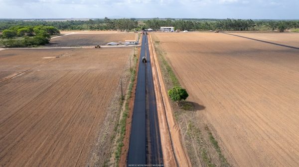 Imagem aérea do inicio do asfalto do Bom Intento
