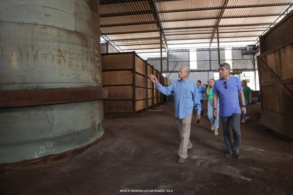 Romero Jucá e de Carli caminham na fábrica de energia a partir do resíduo da madeira